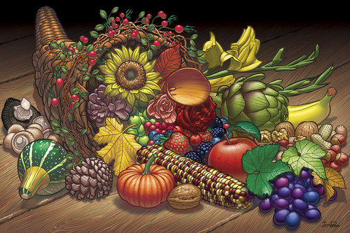 "Thanksgiving Table Horn of Plenty" is printed on Premium Fine Art Paper or Crystalline Gloss Canvas