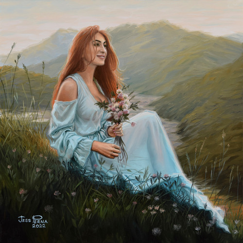 "Pinnacle" woman sitting on mountain holding flowers.