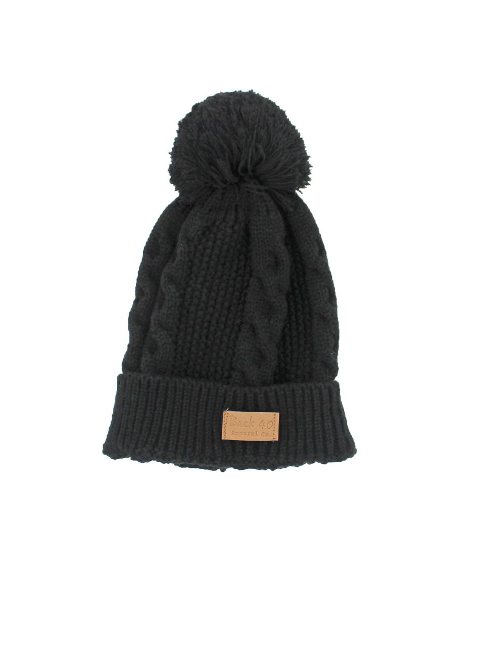 Cable Pom Pom Cuffed Beanie Unisex Black Knit Cuffed Winter Hat Cap by Back 40