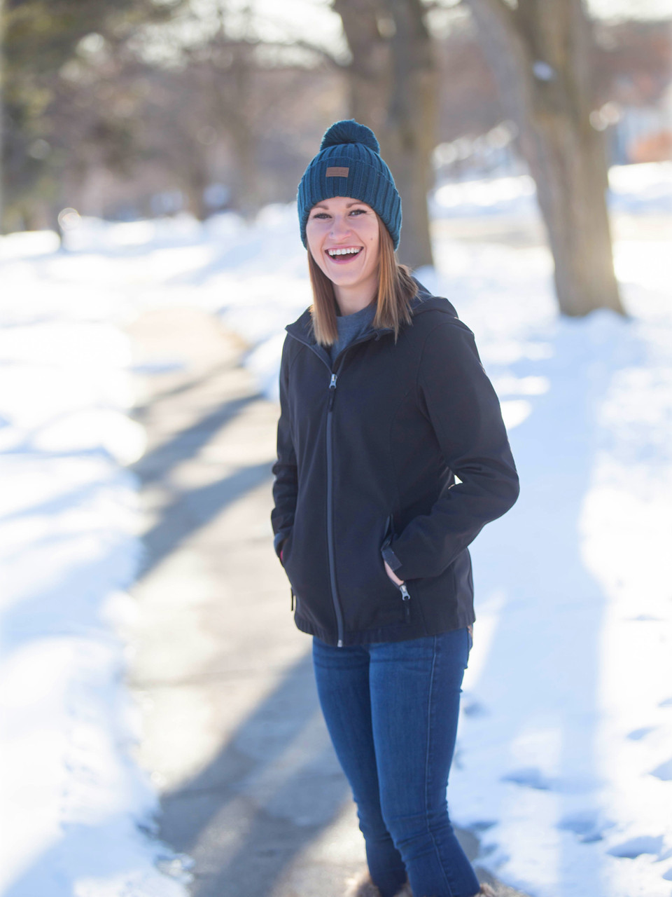 Cable Pom Pom Cuffed Beanie Unisex Jade Knit Cuffed Winter Hat Cap by Back 40