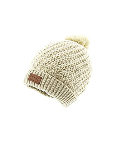 Pom Pom Cuffed Beanie Unisex Cream Thick and Warm Knit Winter Hat Cap by Back 40