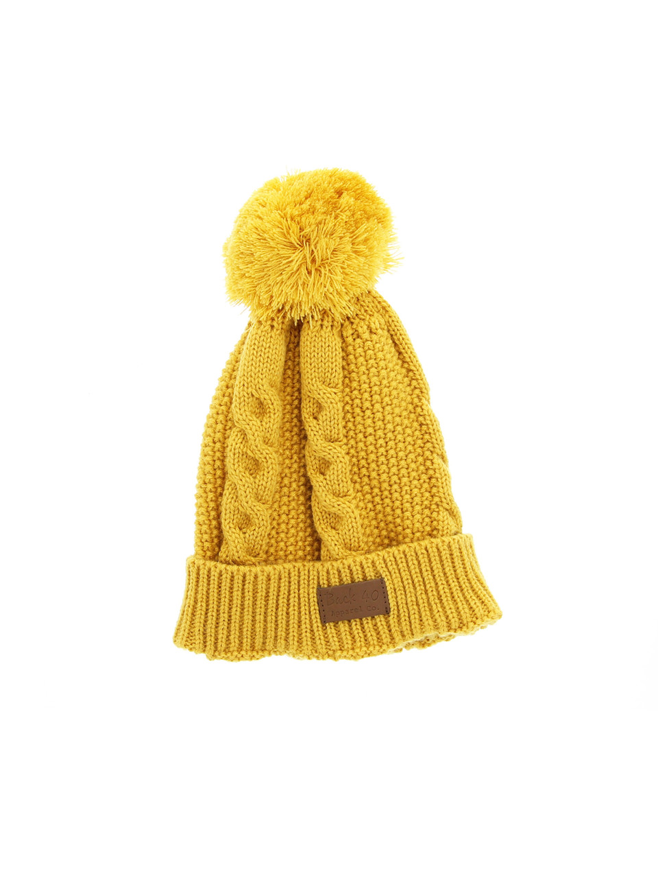 Cable Pom Pom Cuffed Beanie Unisex Yellow Thick Warm Knit Winter Hat by Back 40
