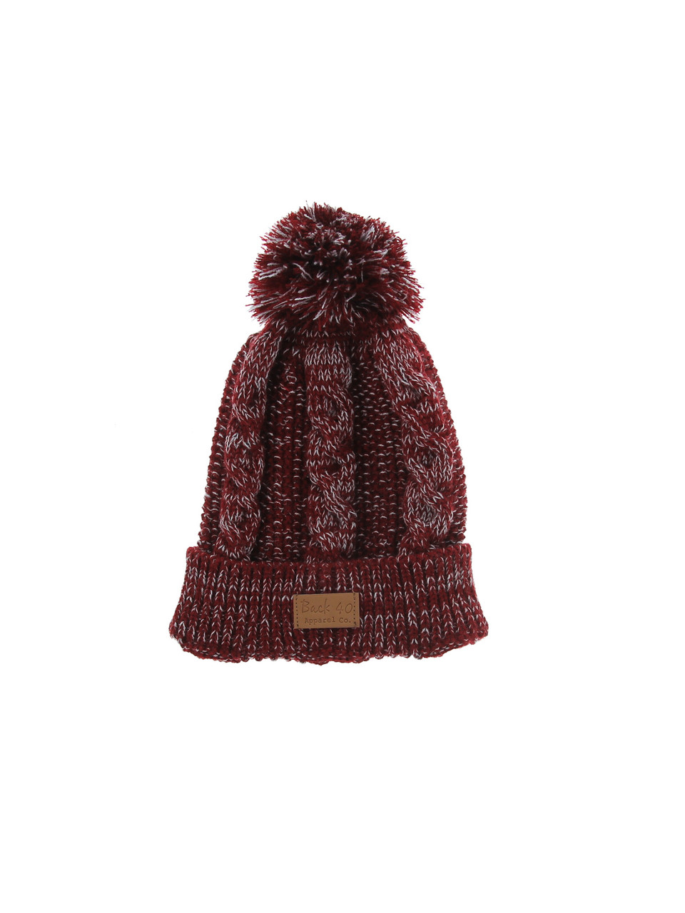Cable Pom Pom Cuffed Beanie Unisex Maroon Thick Warm Knit Winter Hat by Back 40
