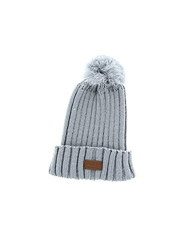 Ribbed Cable Pom Pom Cuffed Beanie Unisex Steely Blue Knit Winter Hat by Back 40