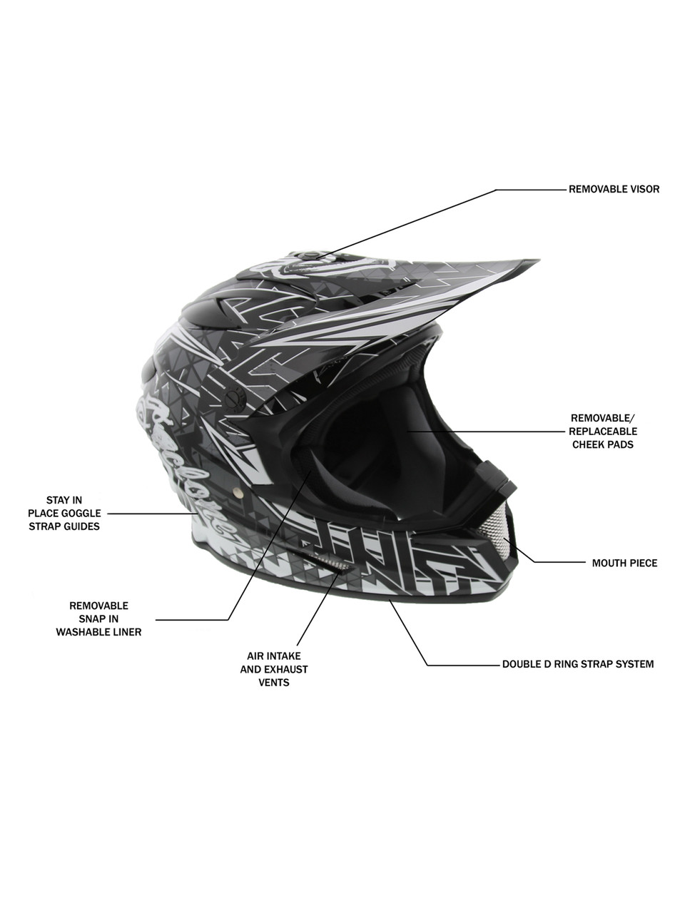 Cyclone ATV MX Motocross Dirt Bike Off-Road Helmet DOT/ECE Approved - Black/White