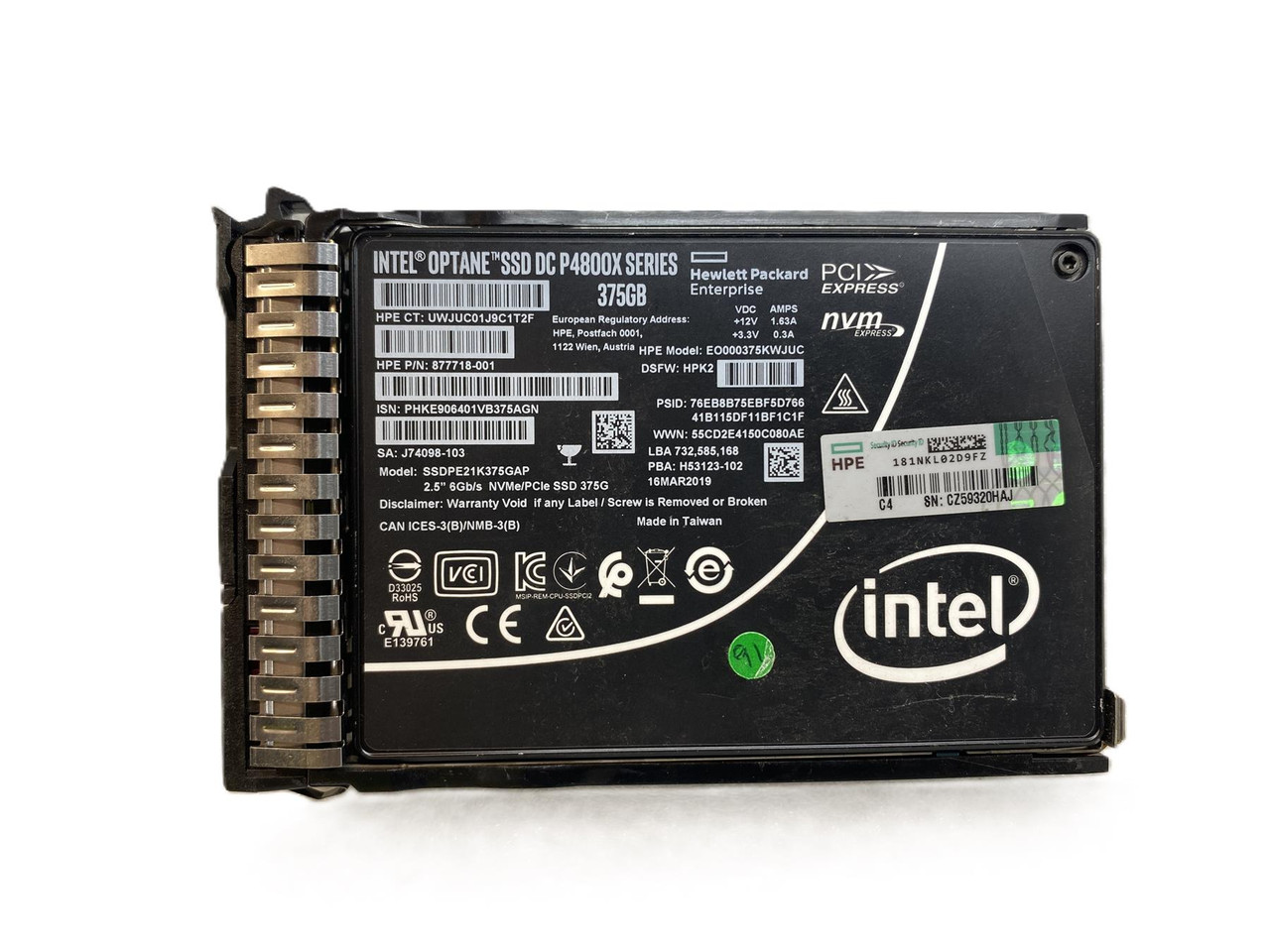 HPE Intel Optane DC P4800X 375GB U.2 NVMe SSD - SSDPE21K375GAP 91