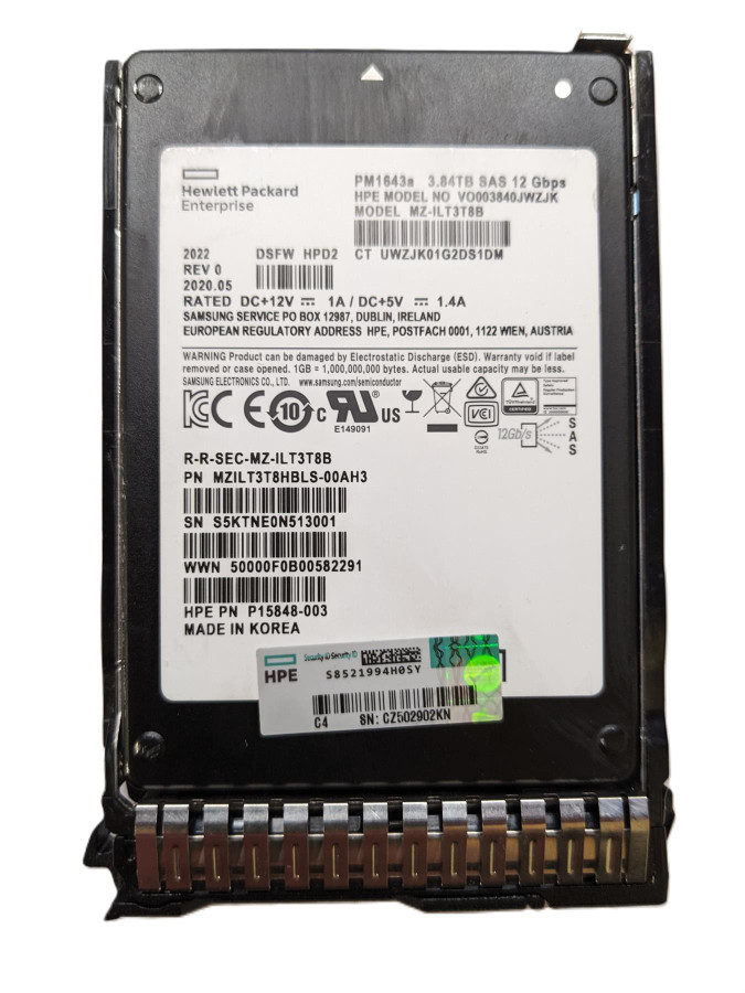 HP 3.84TB 12G SAS RI SSD P15848-003 / P20835-001 with G8-G10 Caddy