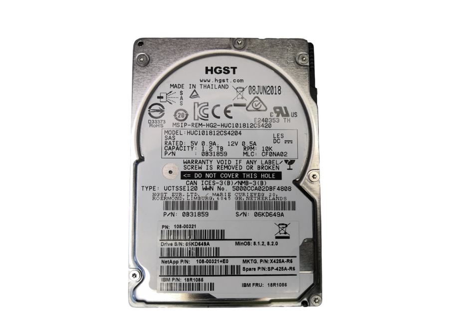 NetApp HGST 1.2TB 10K SAS 12G 2.5" HDD 108-00321 0B31859 X425A-R6 SP-425A-R6