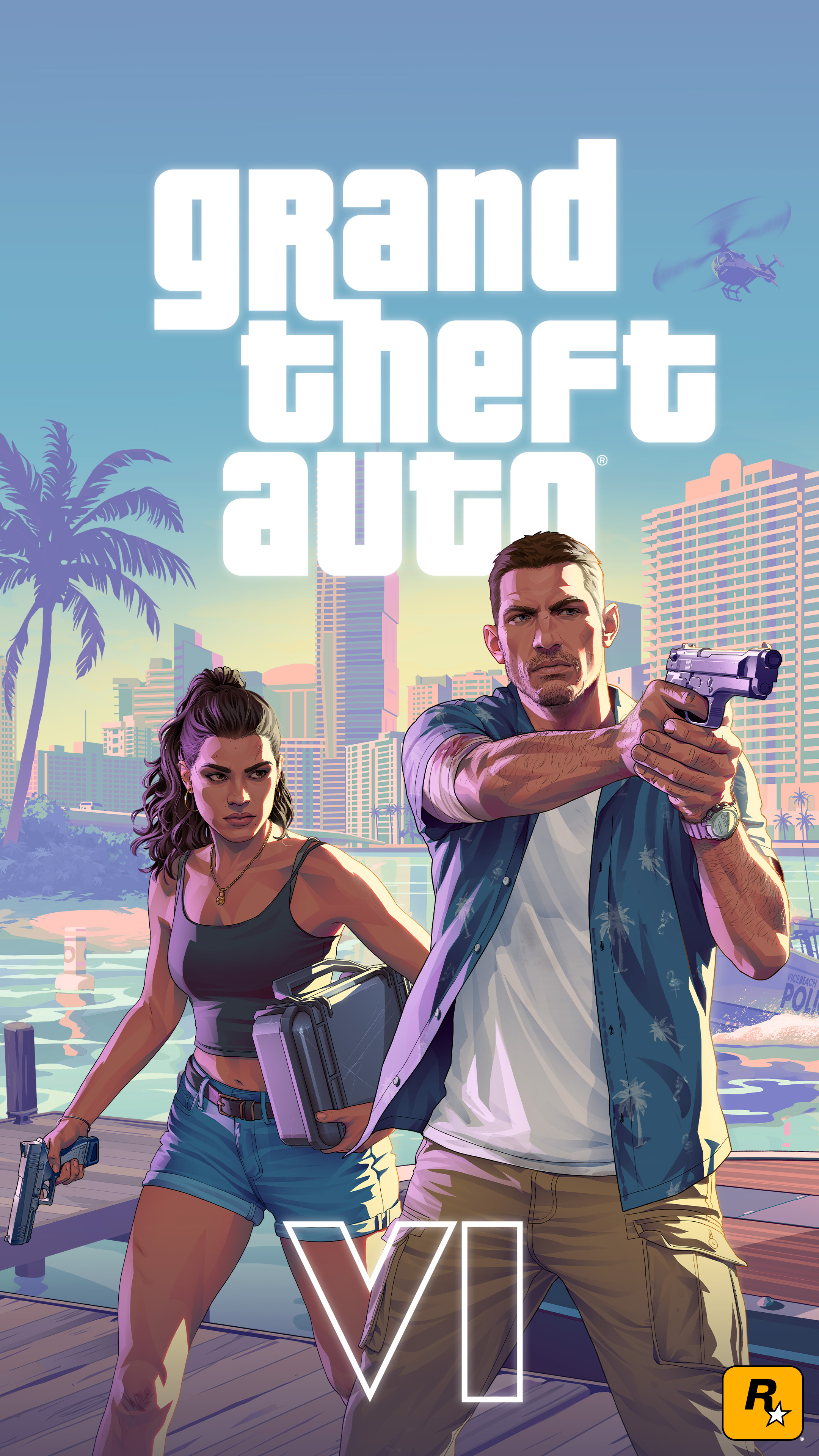 GTA VI Jason and Lucia portrait artwork Grand Theft Auto VI Jason and Lucia portrait artwork with logo