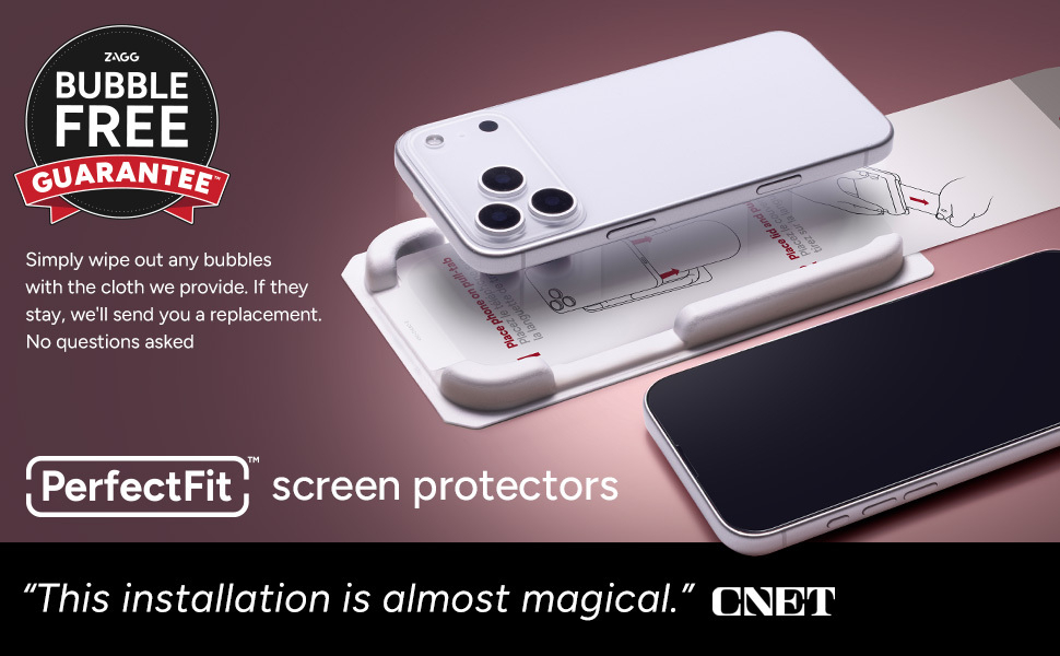 ZAGG PerfectFit screen protector installation kit with iPhone and bubble-free guarantee badge. Text highlights easy installation and replacement policy
