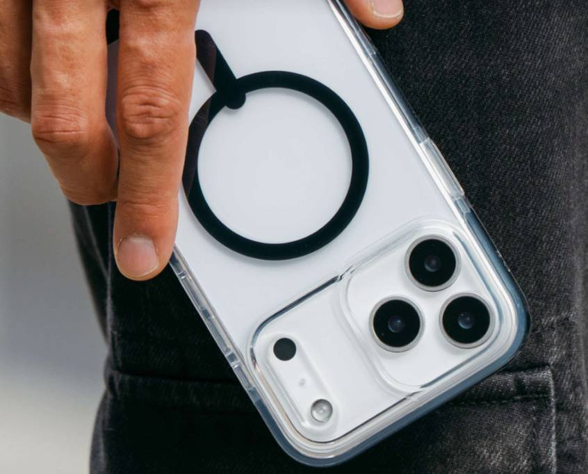 close-up of the back of a clear iPhone phone case