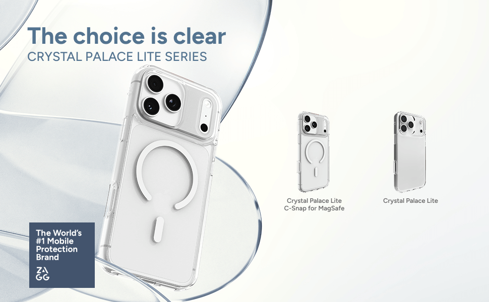 Crystal Palace Lite Series iPhone cases shown in clear designs, including C‑Snap for MagSafe and standard Crystal Palace Lite