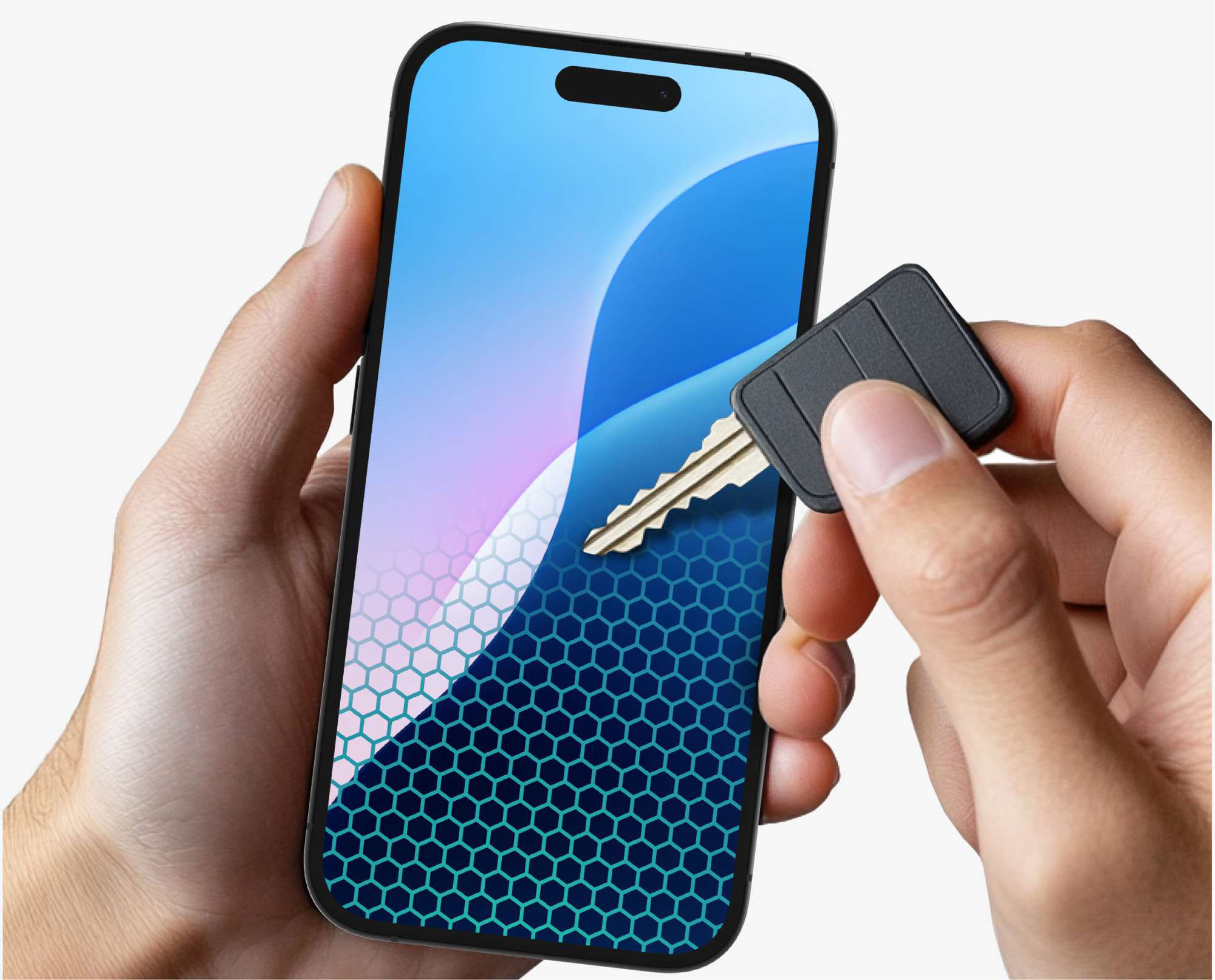 Key being held up to an iPhone screen