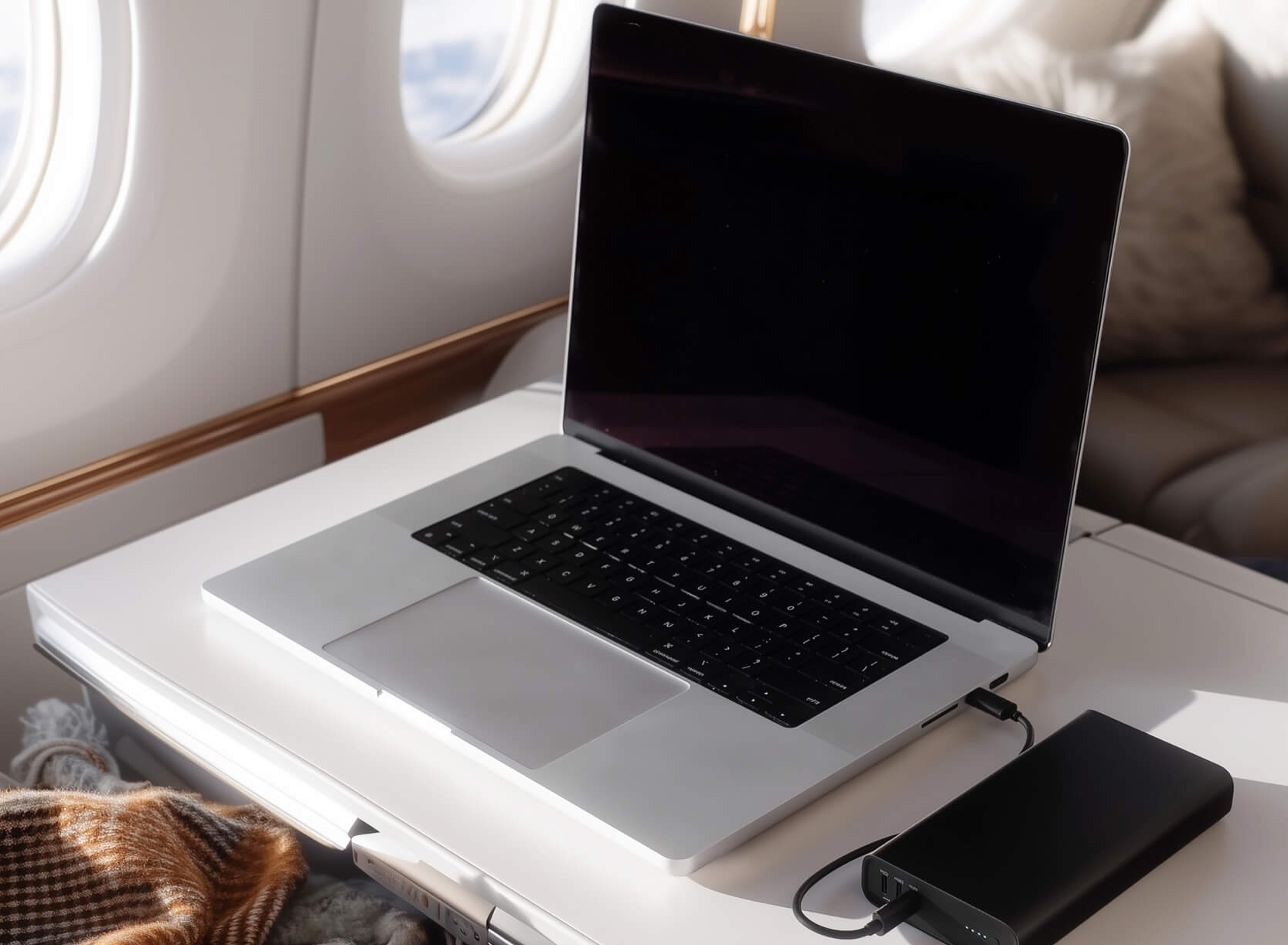 laptop plugged into a power bank on a plane