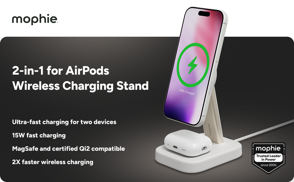 Mophie 2-in-1 wireless charging stand with iPhone and AirPods. Text highlights 15W fast charging, MagSafe and Qi2 compatibility, and ultra-fast dual-device charging