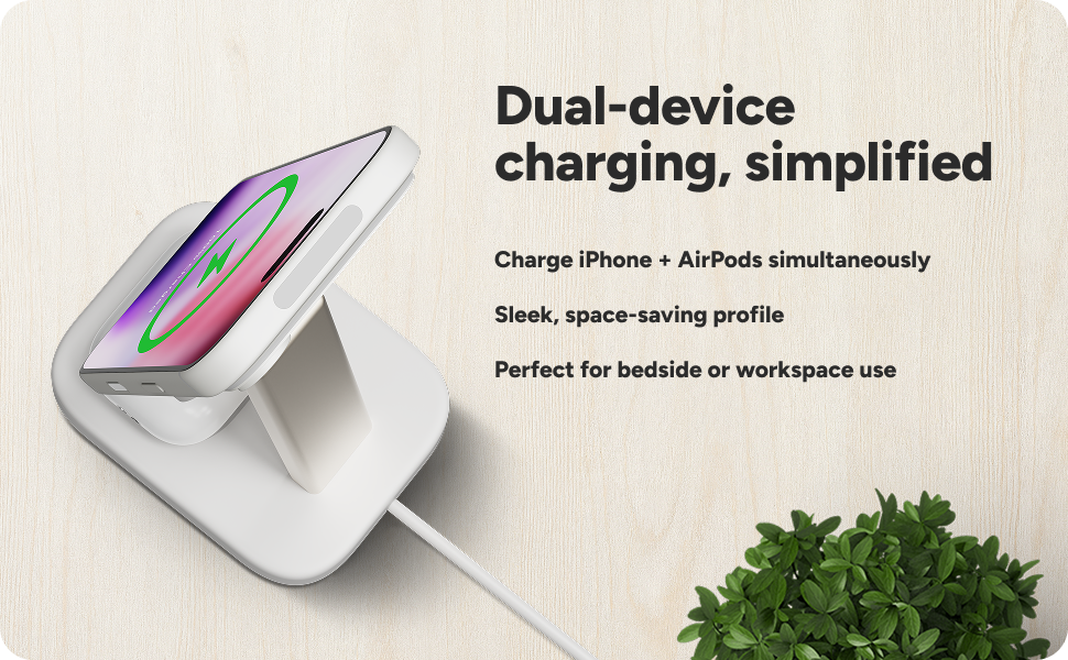 Mophie charging stand with iPhone placed horizontally. Text promotes dual-device charging for iPhone and AirPods, sleek space-saving design, and ideal for bedside or workspace use