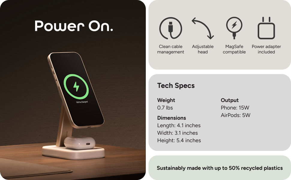 Mophie 2-in-1 wireless charging stand with iPhone and AirPods on wooden surface. Text shows tech specs: 15W phone output, 5W AirPods output, dimensions, weight, and sustainability with recycled plastics