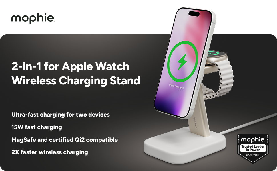 Mophie 2-in-1 wireless charging stand with iPhone and Apple Watch. Text highlights 15W fast charging, MagSafe and Qi2 compatibility, and ultra-fast dual-device charging