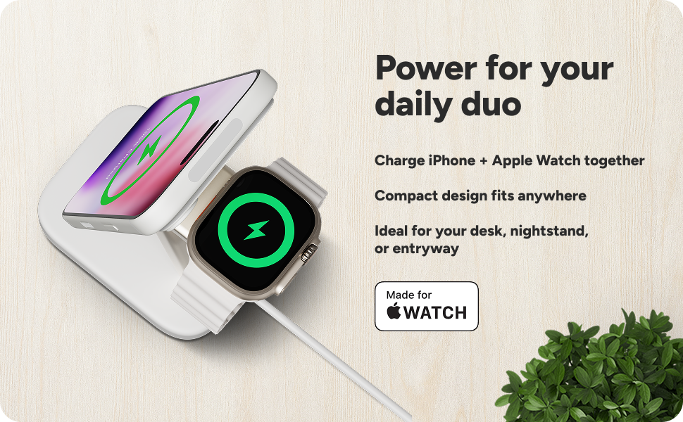 Mophie charging stand with iPhone and Apple Watch placed horizontally. Text promotes compact design, dual-device charging, and ideal for desk or nightstand use