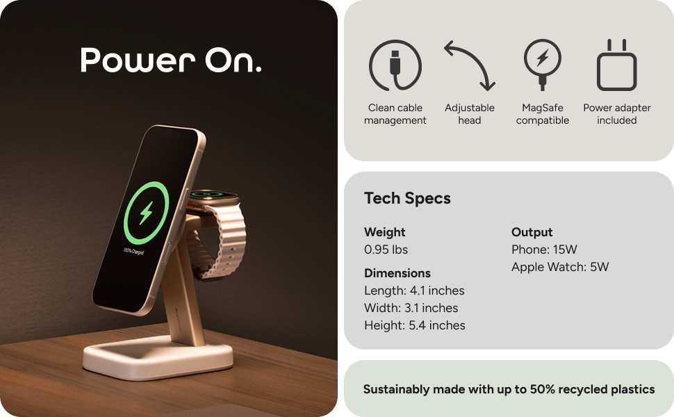 Mophie 2-in-1 wireless charging stand with iPhone and Apple Watch on wooden surface. Text shows tech specs: 15W phone output, 5W watch output, dimensions, weight, and sustainability with recycled plastics