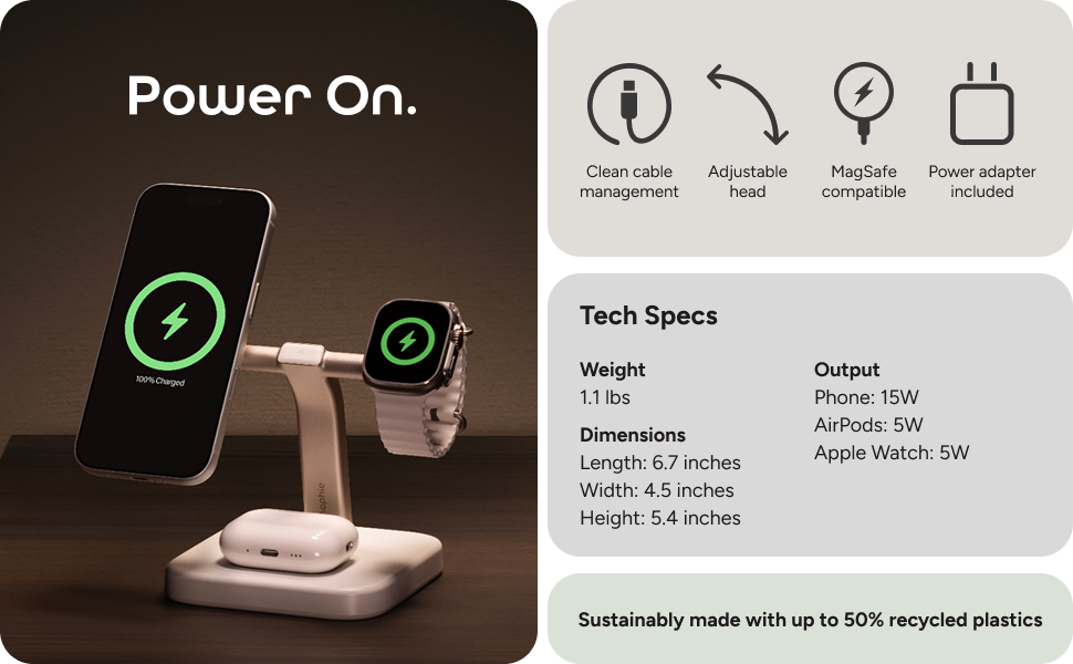 Mophie 3-in-1 wireless charging stand with iPhone, Apple Watch, and AirPods on wooden surface. Text shows tech specs: 15W phone output, 5W AirPods output, 5W watch output, dimensions, weight, and sustainability with recycled plastics