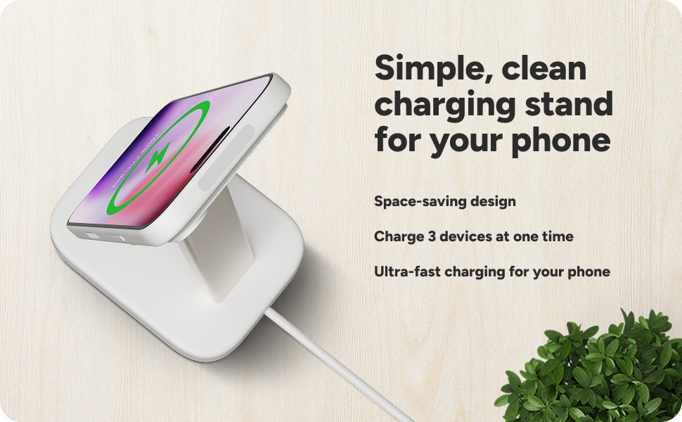 Mophie wireless charging stand with iPhone placed horizontally. Text promotes space-saving design, ability to charge three devices, and ultra-fast charging