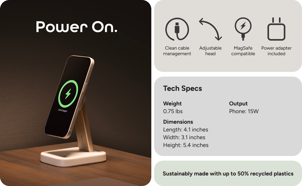 Mophie wireless charging stand on wooden surface with iPhone charging. Text shows tech specs: 15W output, dimensions, weight, and sustainability with recycled plastics