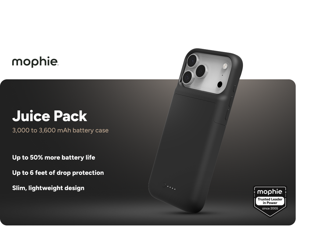 Mophie Juice Pack battery case for iPhone shown in black. Text highlights 3,000–3,600 mAh capacity, 50% more battery life, 6-foot drop protection, and slim design.