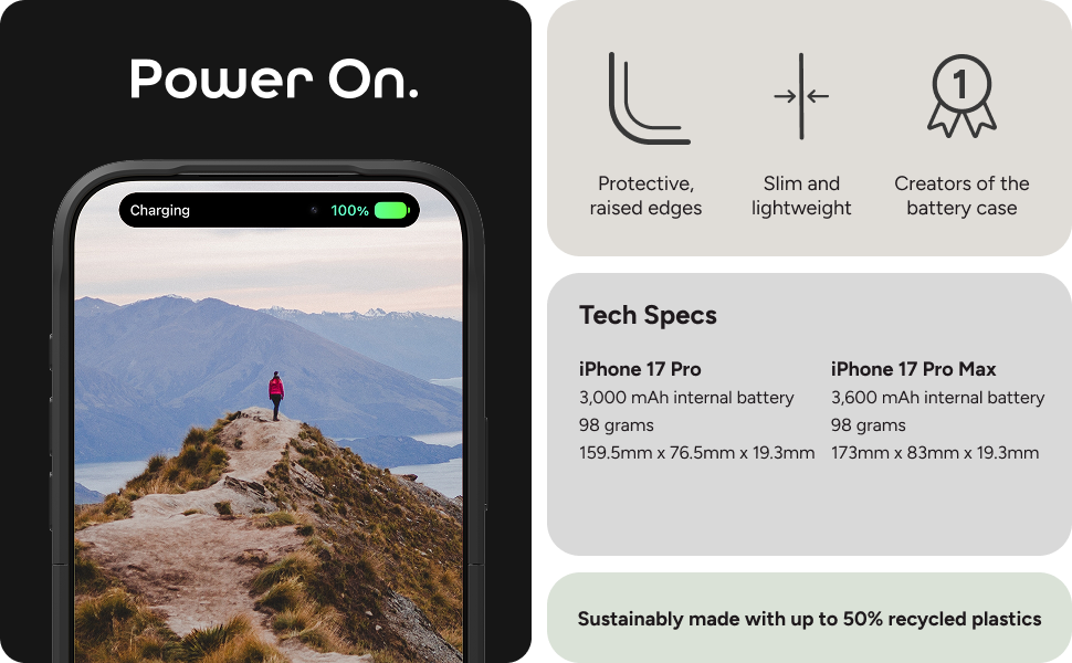 iPhone charging in Mophie Juice Pack case with text showing tech specs for iPhone 17 Pro and Pro Max, plus features like protective edges, slim design, and recycled materials.