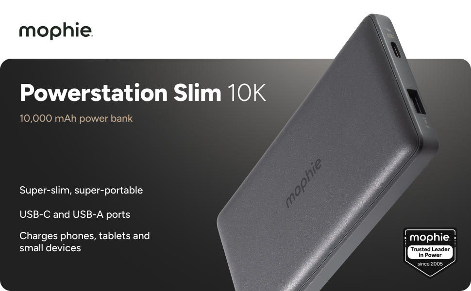 Mophie Powerstation Slim 10K portable power bank with 10,000mAh capacity, USB-C and USB-A ports for charging phones and tablets.