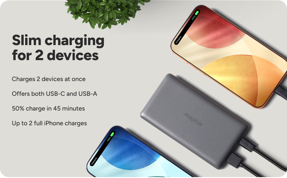 Mophie Powerstation Slim 10K charging two smartphones at once with USB-C and USB-A ports, offering fast, slim, and portable power.