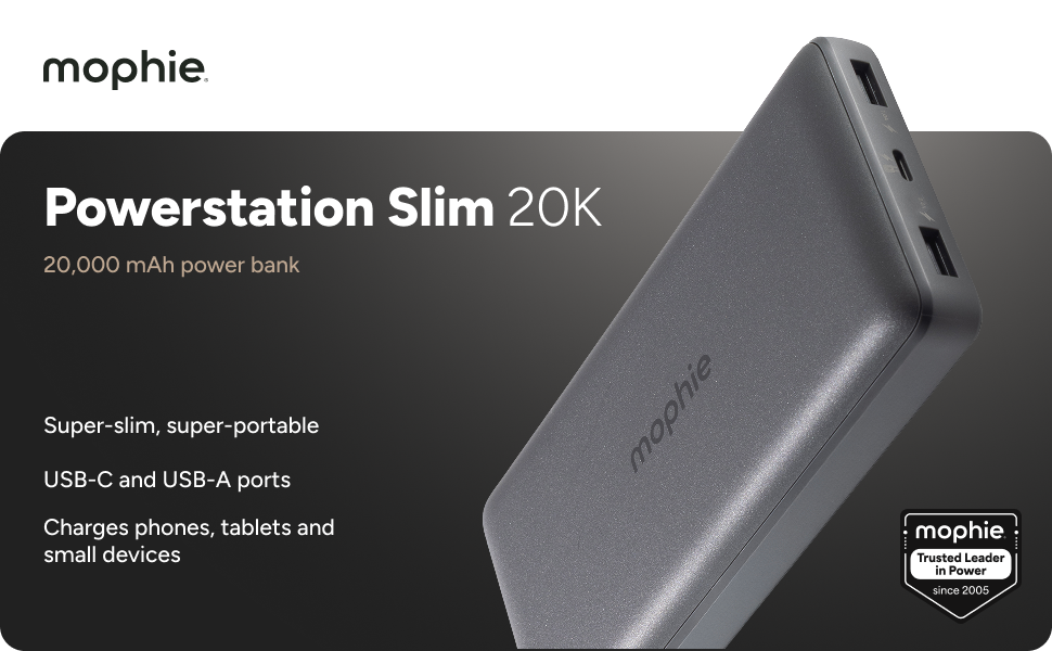 Mophie Powerstation Slim 20K portable power bank with 20,000mAh capacity, USB-C and USB-A ports for fast charging