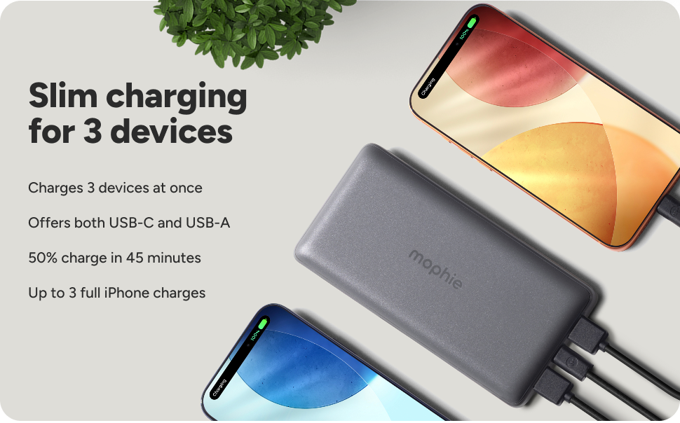 Mophie Powerstation Slim 20K charging three devices at once with USB-C and USB-A ports for quick, slim power on the go
