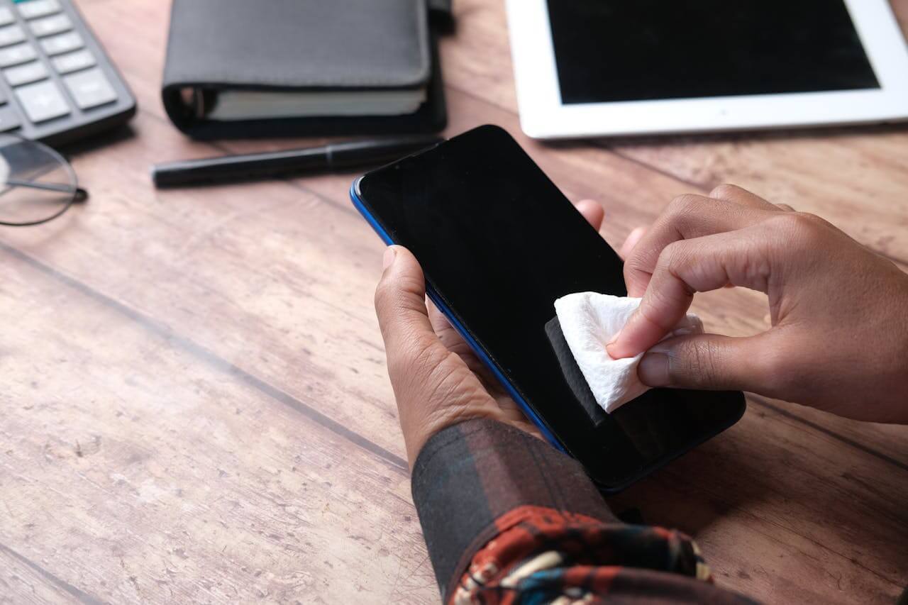 person wiping their phone screen with a cloth