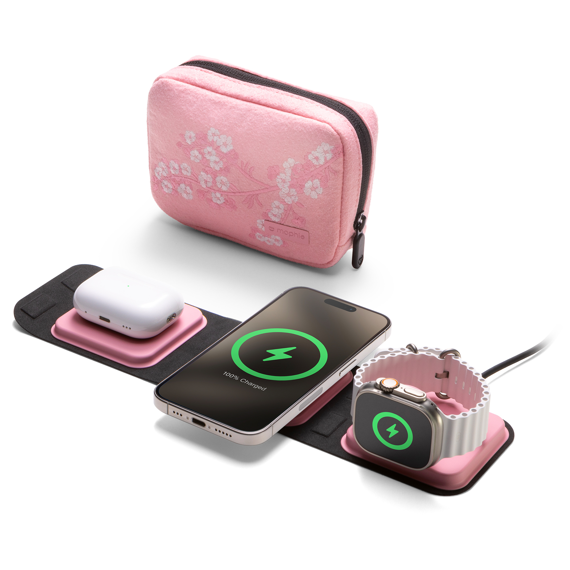Pink three-in-one wireless charger