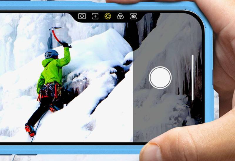 person recording a video with a phone in a rainer snap stand case