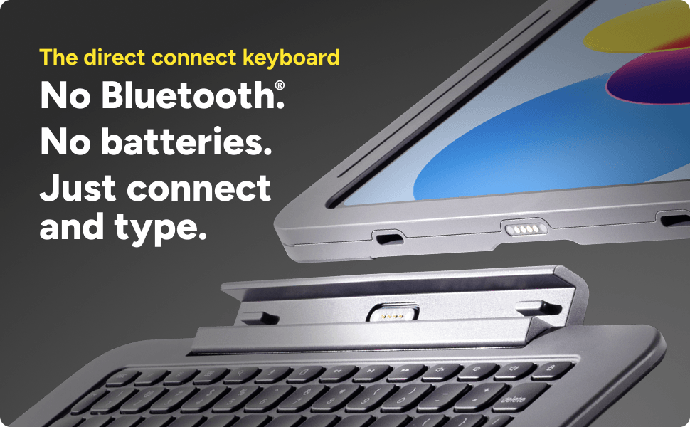 ZAGG Rugged Book Connect+ keyboard with direct connect, no Bluetooth or batteries, drawing power from iPad