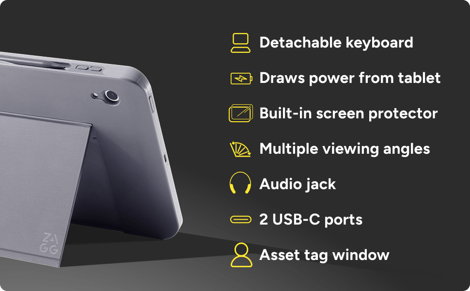 ZAGG Rugged Book Connect+ iPad case with detachable keyboard, built‑in screen protector, multiple viewing angles, and USB‑C ports