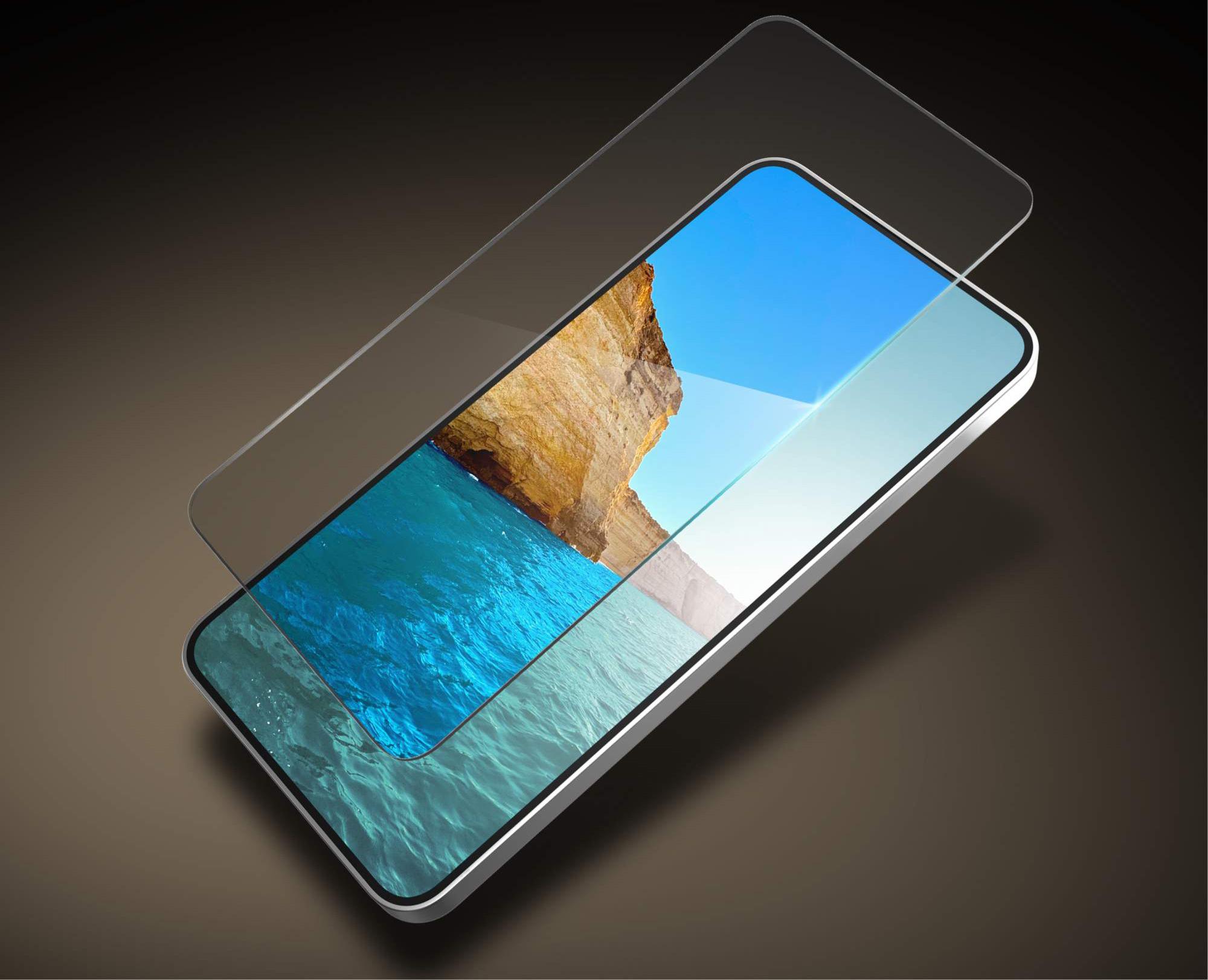 Screen protector hovering over a brightly lit phone