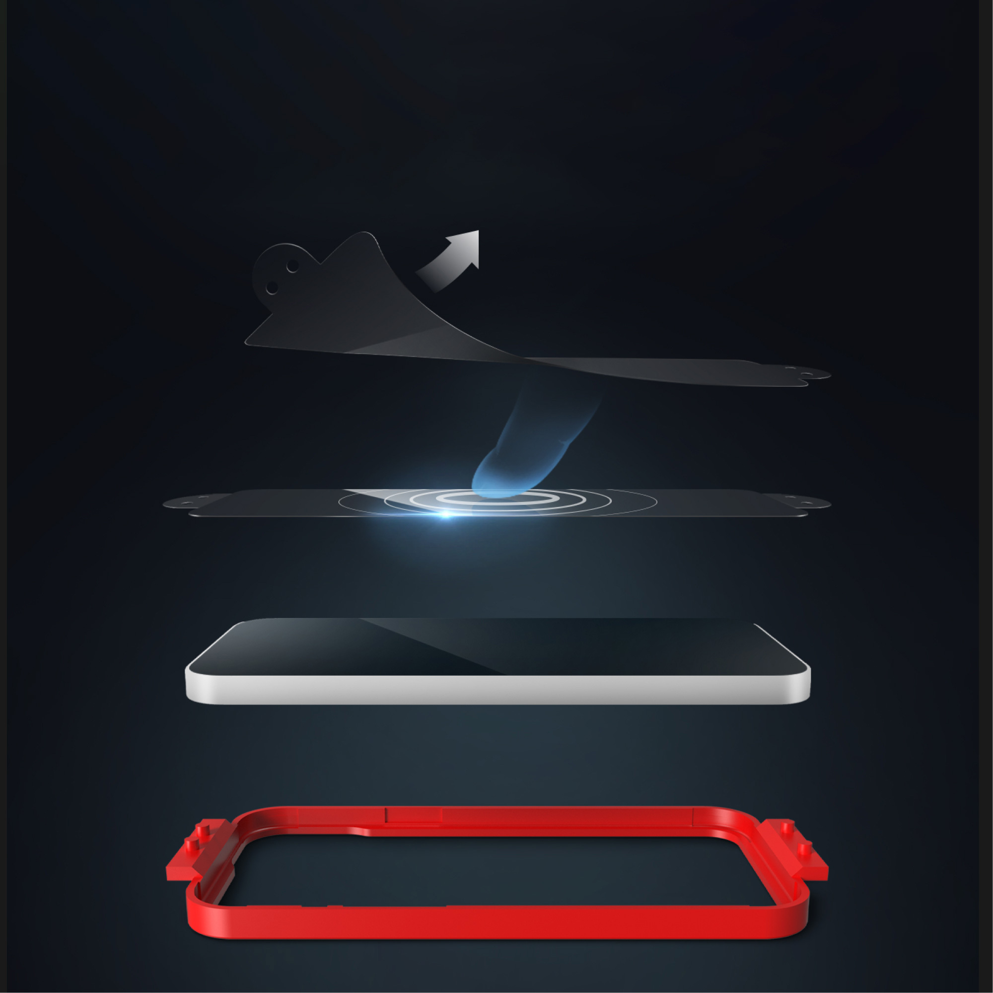 Steps showing the replacement of a phone screen protector