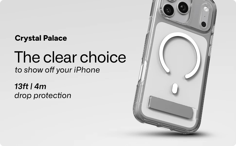 Crystal Palace clear phone case with integrated kickstand, magnetic compatibility, and 13 ft drop protection