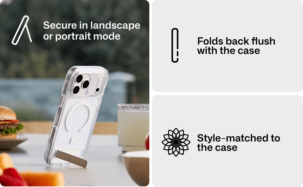 Crystal Palace clear phone case standing upright with a built in kickstand for portrait or landscape viewing