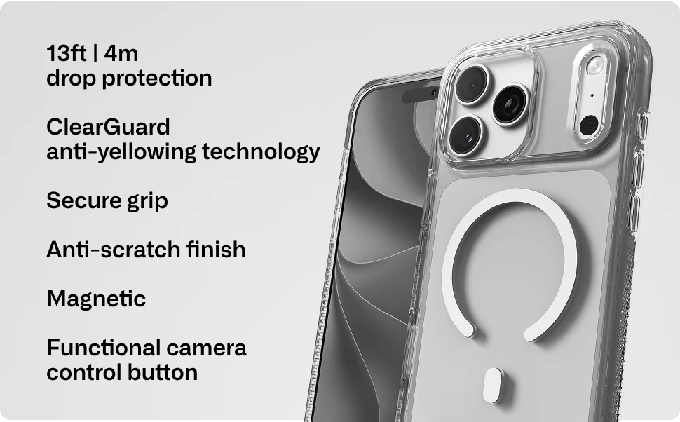 Crystal Palace clear phone case has anti yellowing technology, magnetic compatibility, and camera control button