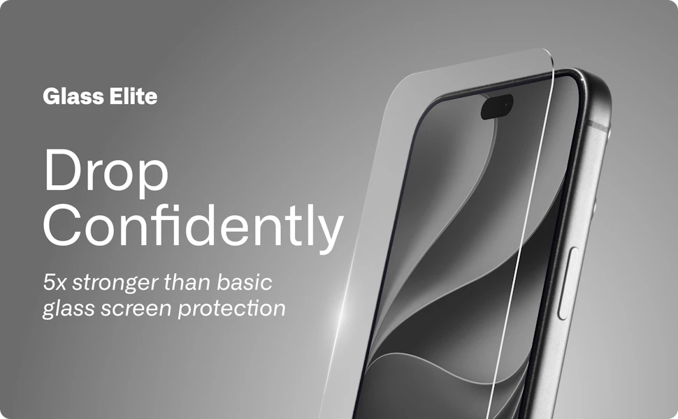 Glass Elite screen protector over a smartphone, emphasizing drop protection and durability