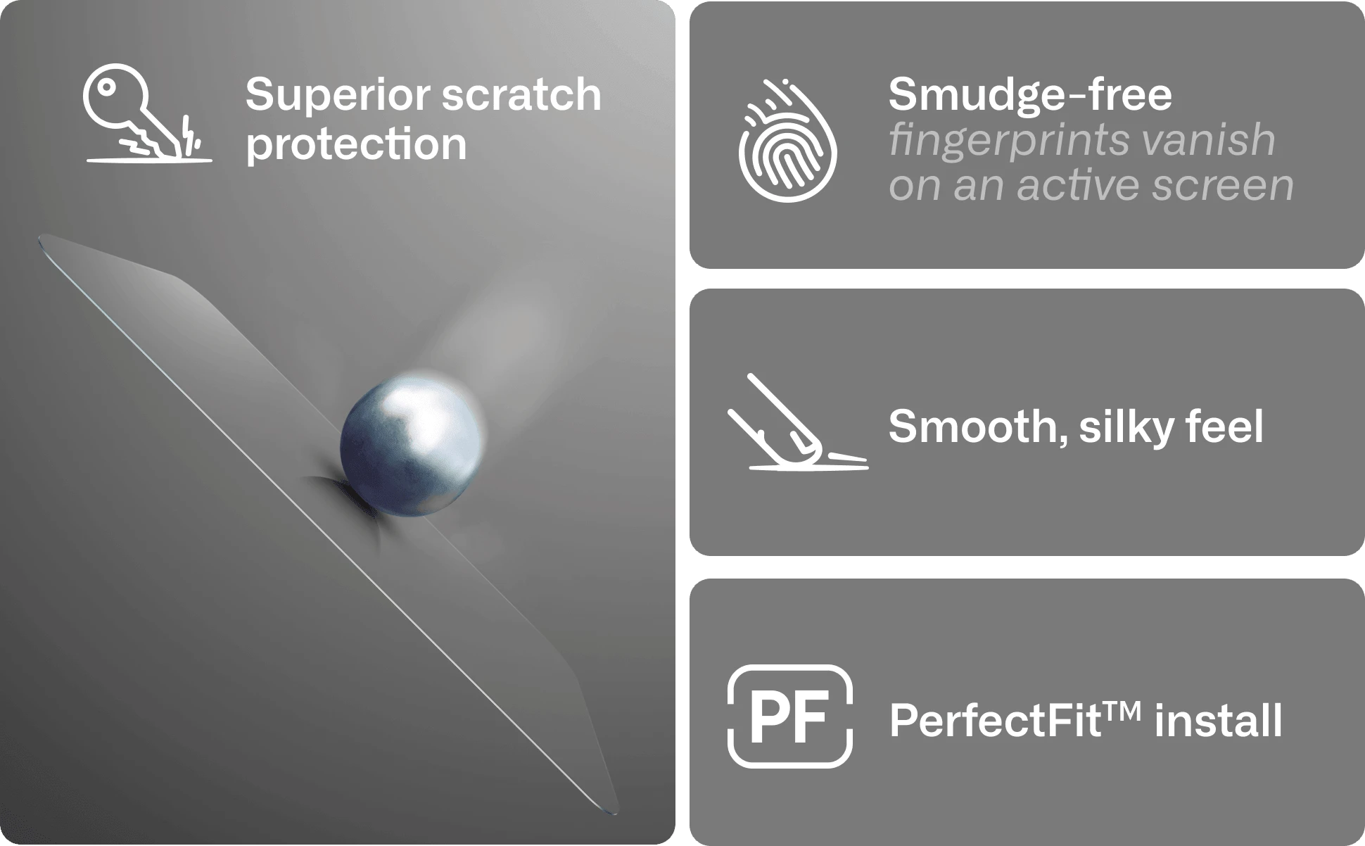 Glass Elite screen protector with icons for scratch resistance, smudge reduction, smooth feel, and easy install