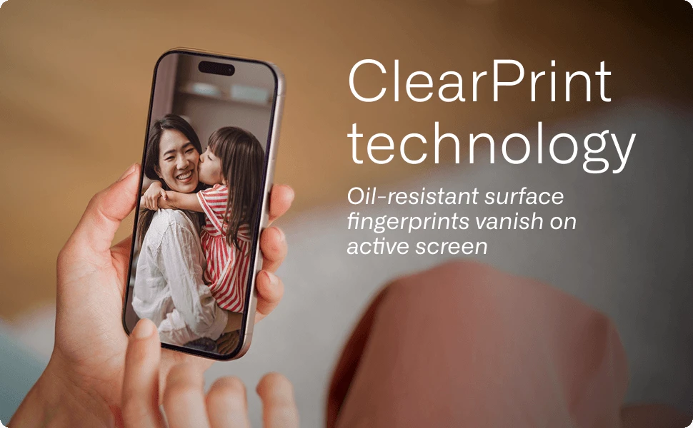 Glass Elite ClearPrint technology shown on a smartphone screen to highlight a smudge-resistant surface
