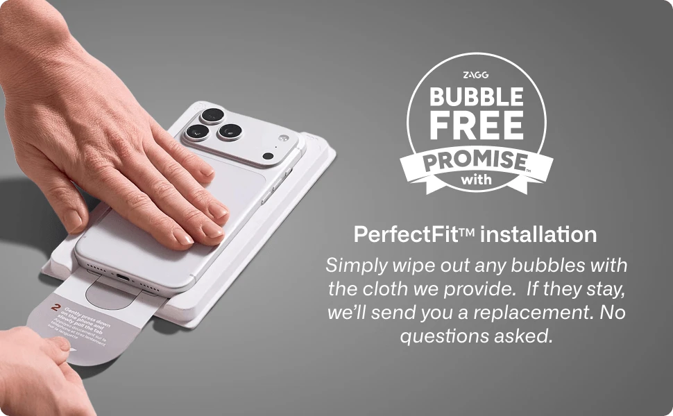 PerfectFit installation tray applying a Glass Elite screen protector to a smartphone with bubble-free installation promise