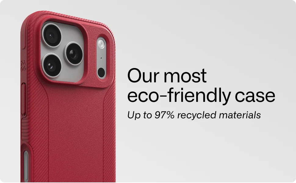 Luxe phone case shown in red, highlighting an eco friendly design made with recycled materials