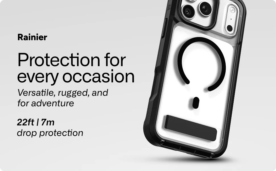 Rainier rugged phone case with integrated kickstand, magnetic compatibility, and 22 ft drop protection