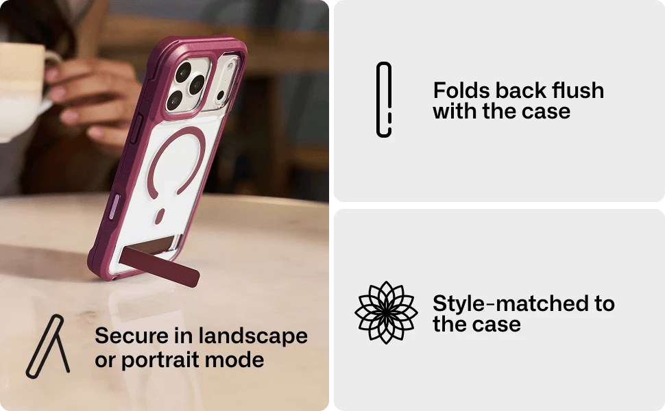 Rainier phone case standing upright with a built in kickstand for secure portrait or landscape viewing